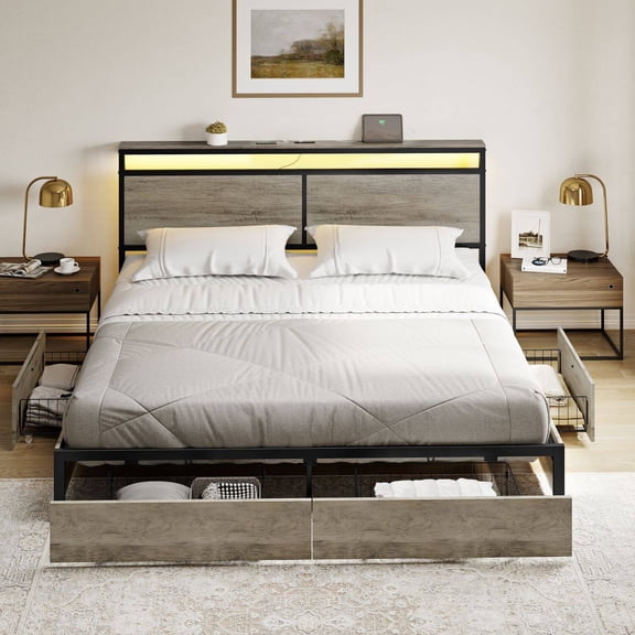 GUNAITO Queen Size Bed Frame with Headboard and 4 Storage Drawers LED Platform Bed Frame with Charging Station Gray