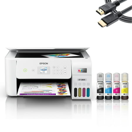 Epson EcoTank ET-2803 WIRELESS ALL-IN-ONE Color Inkjet PRINTER, 5760 x 1440 dpi,10 ppm, Home Office, Print Scan Copy, Auto 2-Sided Printing, White, Bundle with printer cable
