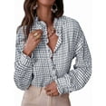 thumbnail image 2 of Women'S Plaid Ruffle V Neck Button Down Blouse Casual Long Sleeve Gingham Work Checkered Shirt Tops Gray XL, 2 of 7