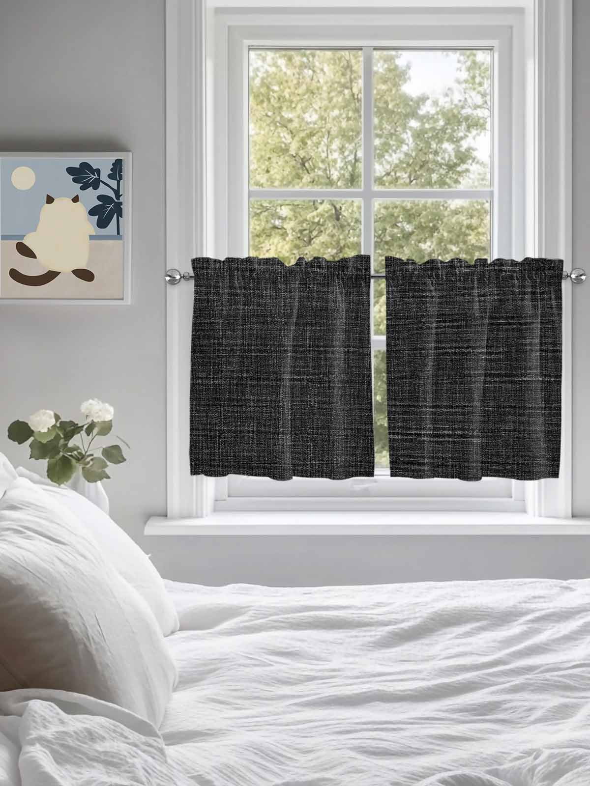 Black Half Window Curtain 36 Inches Long, Farmhouse Burlap Solid Black Color Modern Linen Texture Window Treatment Curtain Drapes, Small Tier Curtains for Bathroom Over Sink, 27.5"x36", 2 Panels