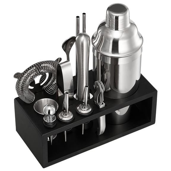 KDTHTF 13-Piece Cocktail Shaker Set, Stainless Steel Bartender Kit with Bamboo Stand, Martini Mixer, Strainer, Jigger, Muddler & Bar Tools, Silver