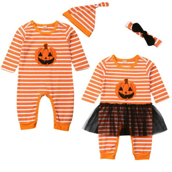 Newborn Baby Girl Boy Halloween Outfit Pumpkin Romper Striped Jumpsuit with Hat/Headband Set Infant Cute Fall Clothes