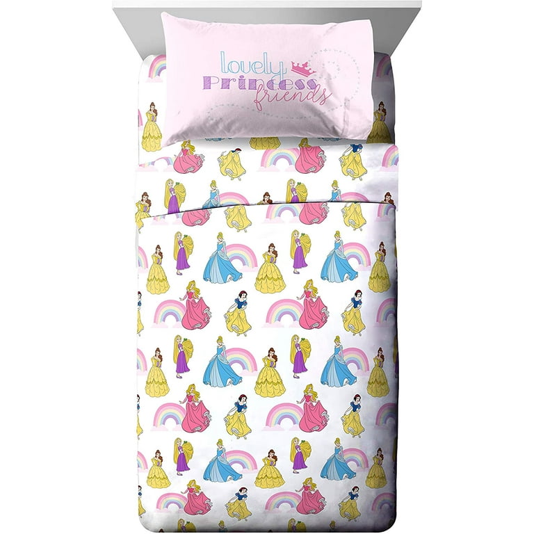 Princess & Rainbows Cinderella, Belle, Sleeping Beauty, Full Comforter,  Sheets and Shams (7 Piece Bed In A Bag)