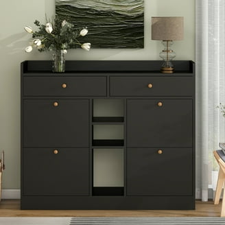 RichYa Black Shoe Cabinet, 4 Flip Drawers, Slim Shoe Storage for