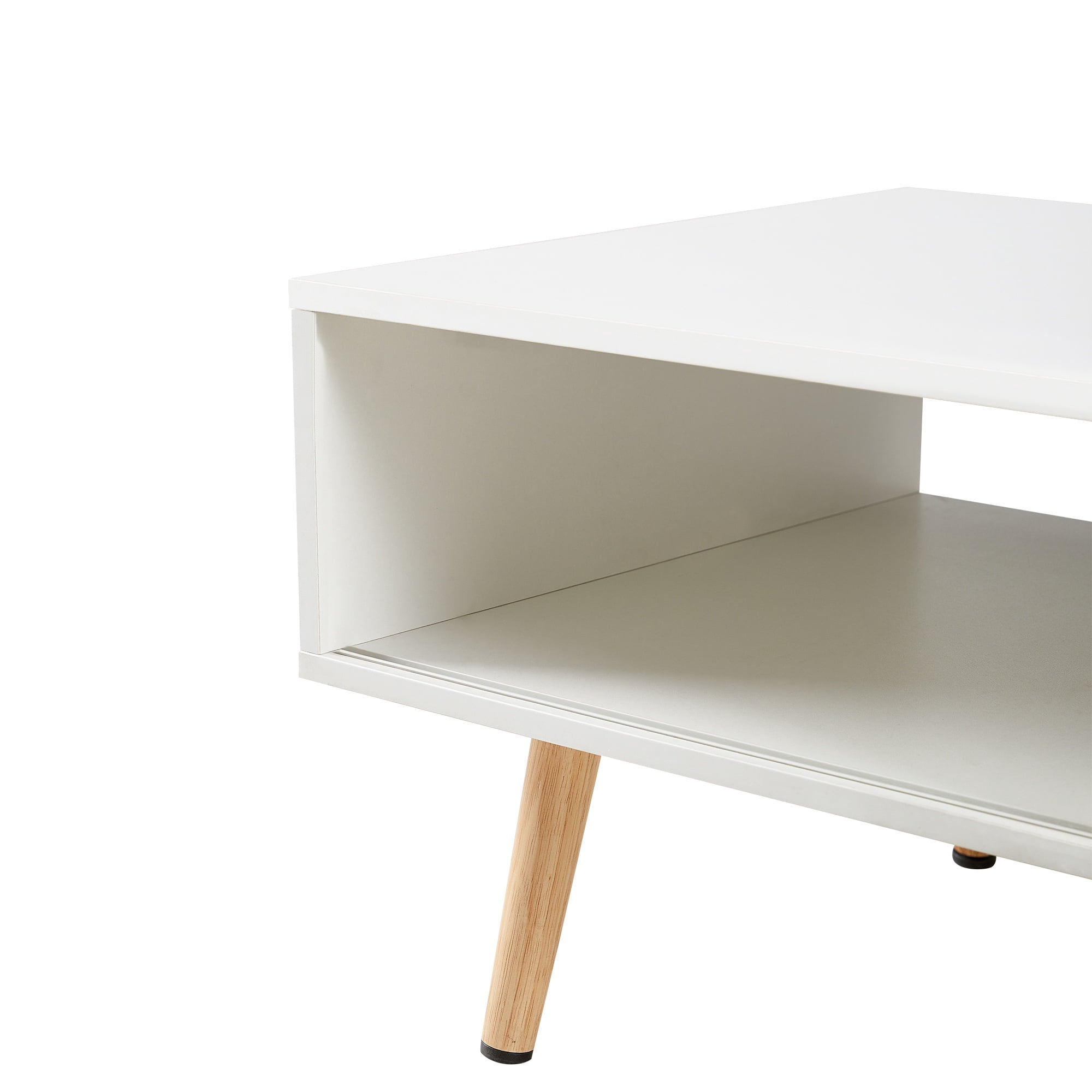 PAPROOS Rattan Coffee Table with Sliding Storage Door, Solid Wood Legs - Ideal for Living Rooms, White