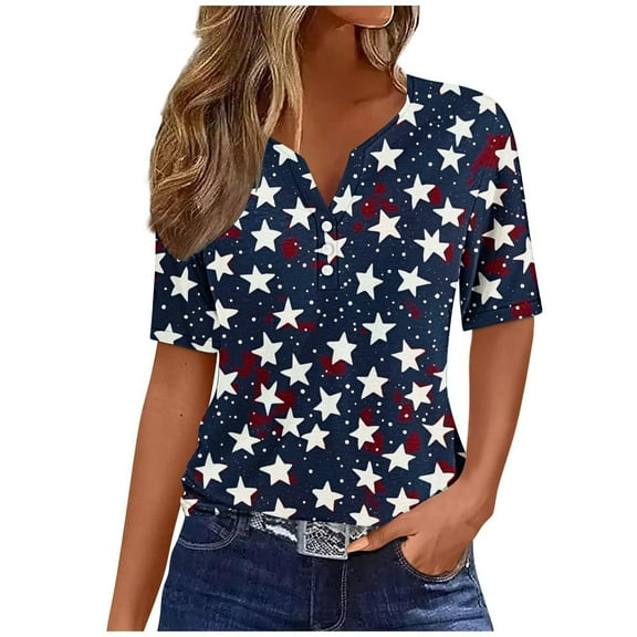 July 4th Shirts USA Flag Printed V-neck T-Shirts for Women Independence Day Short Sleeve Graphic Tees (XL, Dark Blue)