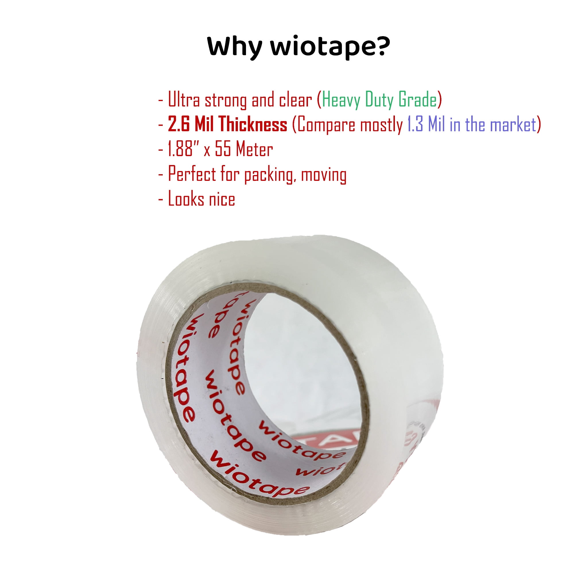 wiotape Heavy Duty Packing Tape, 1.88" x 60 Yard (18 Rolls), 2.6 Mil Thick for Moving, Packing, and Sealing