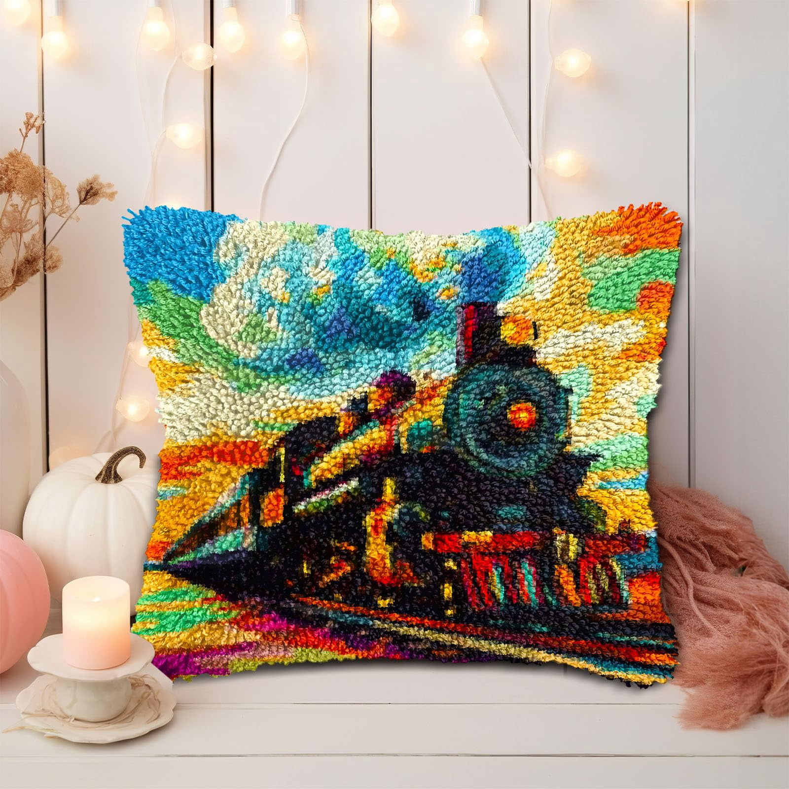 Old Steam Train DIY Latch Hook Pillow Kits for Adults Printed Pillowcase Crochet Yarns Hooking Handmade Pillow Cover Cushion for Home Sofa Decoration 17x17inch