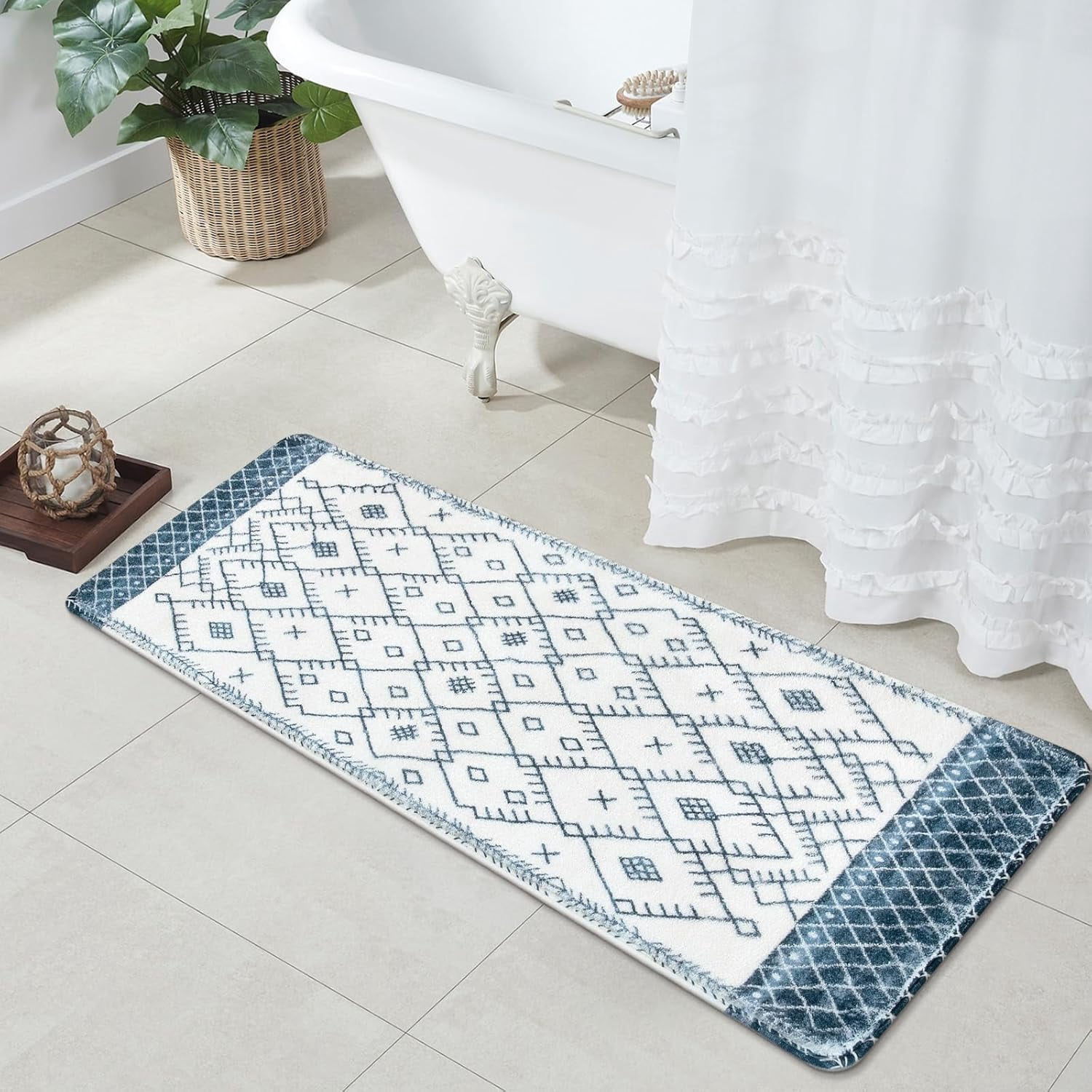 Bathroom Runner Rug 18x47 inch Long Boho Bath Mat Non-Slip Moroccan Farmhouse Gray Bath Rug Soft Velvet Machine Washable Bathroom Mats for Tub Sink Shower
