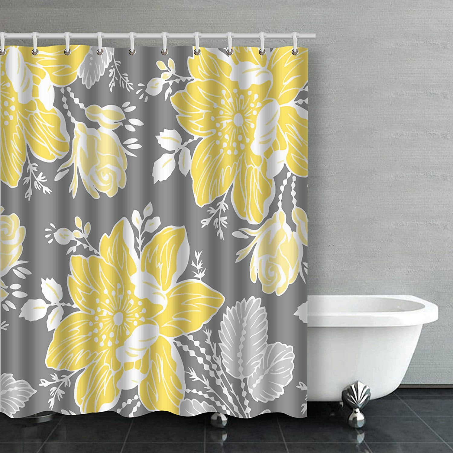 Artjia Yellow Gray White Fl, Yellow And Gray Shower Curtain Set