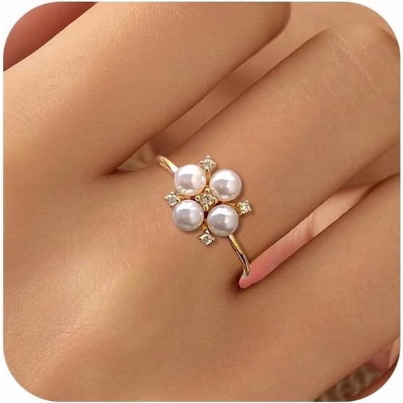 925 Sterling Silver Pearl Flower Ring for Women Dainty Cubic Zirconia Ring for Mother Daughter Elegant Shell Pearl Band Trendy Christmas Wedding Jewelry Gift Size 6-10