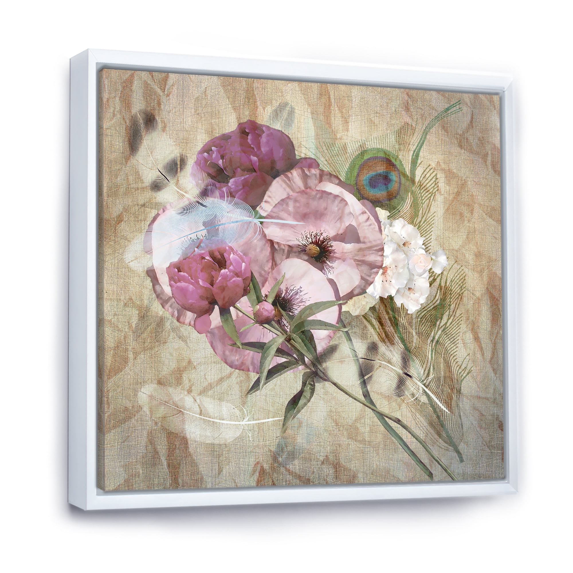 Designart 'Iris Bouquet Floral Design With Peacock Feather' Traditional Framed Canvas Wall Art Print
