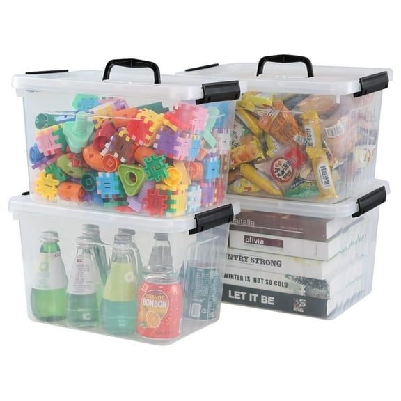 4 Pack 12 Quart Latching Storage Box with Handle, Clear Lidded Tote Bin