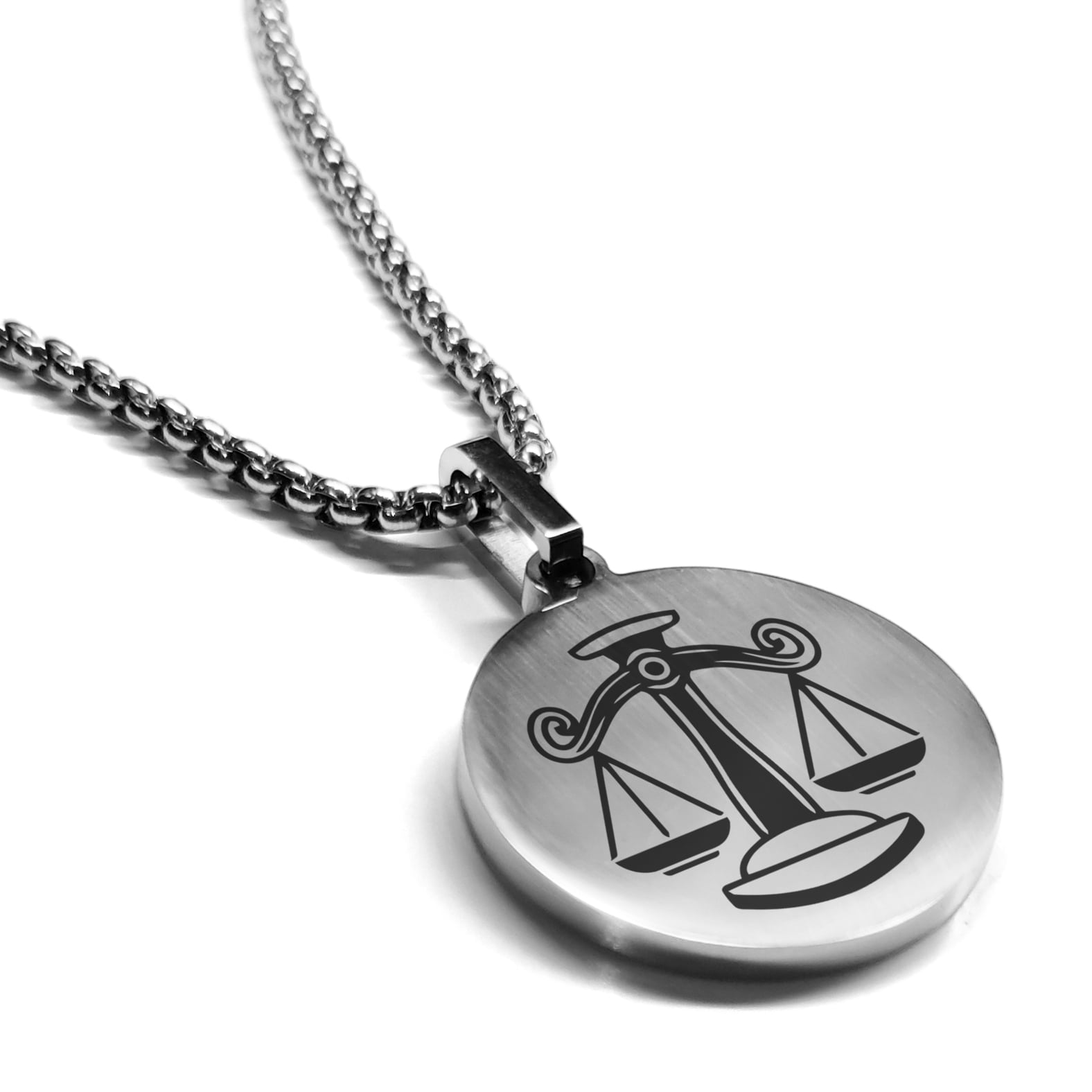 Stainless Steel Libra Zodiac (Scales) Round Medallion Pendant Necklace ...