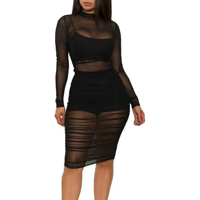 GFDYREE Robe en Maille pour Femmes Manches Longues Justaucorps 3 Pcs avec Cami Shorts