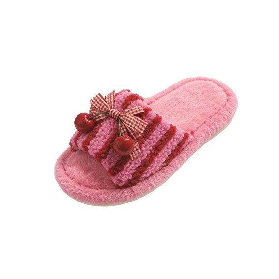 EKVAHL Cherry Slippers Cute Fuzzy Slippers for Women Girls with Bow Cozy Plush Indoor House Shoes Open Toe Bedroom Comfy Shoes Warm Non-Slip Home Slippers