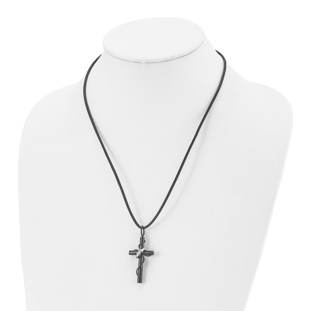 Diamond2Deal Stainless Steel Polished Black IP-plated Cross with Ring Leather Cord Necklace for Men 20.5"