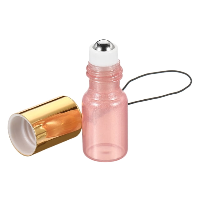 Unique Bargains 3mL Bouteilles à Rouleaux, 2 Boules de Rouleau d'Huile Essentielle de Verre de Pack avec des Récipients Rechargeables de Couvercle Doré, Rose