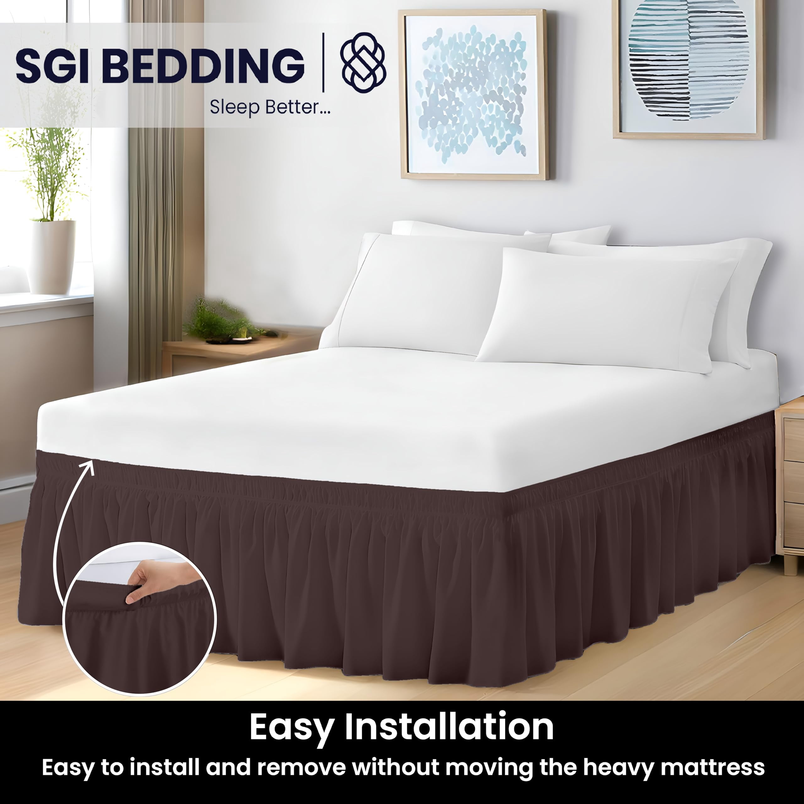 SGI bedding 11 inch Drop Wraparound Bed Skirt Full Size - No Lifting Required, Adjustable Easy Fit Elastic Strap, Classic Gathered Styling Dust Ruffle, Fade Resistant -Chocolate