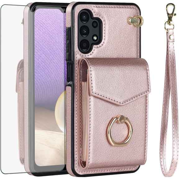 MYKOMI Phone Case for Samsung Galaxy A32 5G 2021 6.5 inch Wallet Cover with HD Screen Protector and RFID Blocking Ring Card Holder Cell M32 G5 A 32 32A S32 SM-A326U A326U Women Men