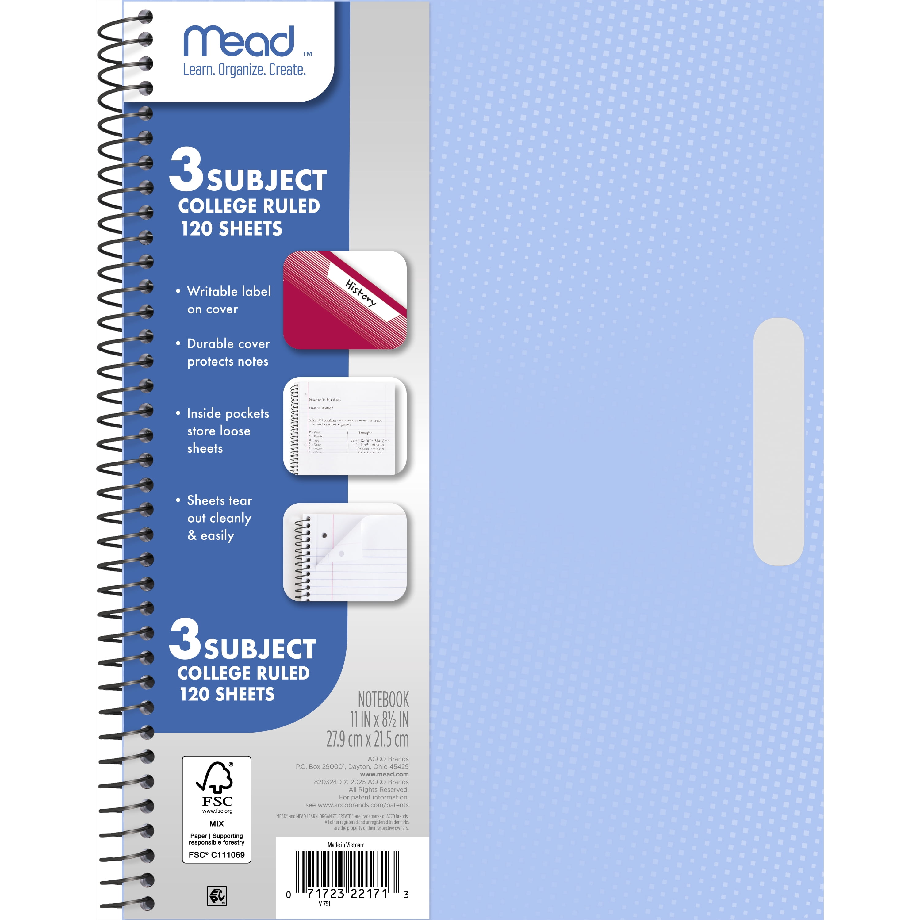 Mead 3 Subject College Ruled Notebook, 8.5" x 11", Pastel Blue, Poly, Spiral, 120 Sheets