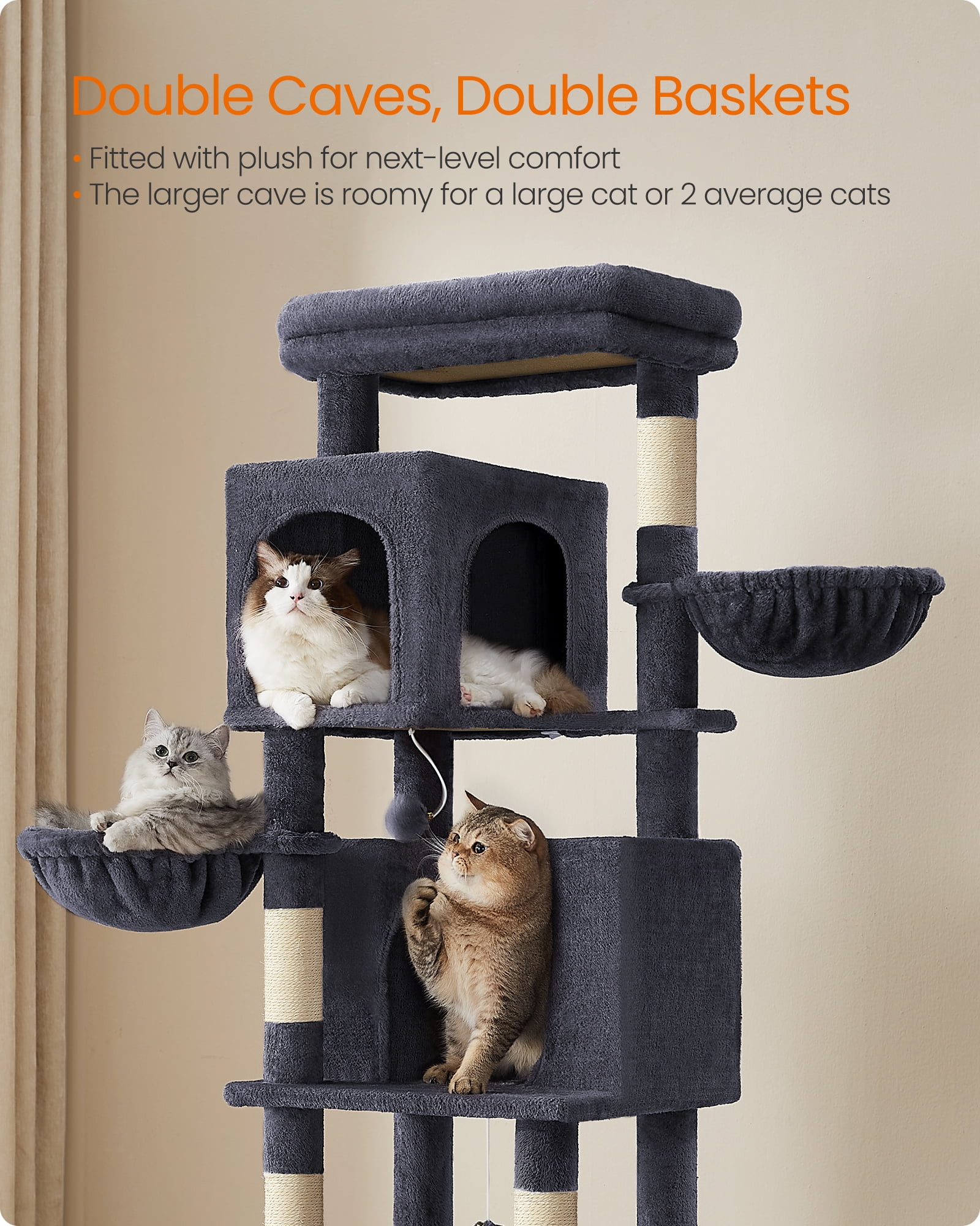 69 Inch Tall Cat Tree Tower for Indoor Cats, Multi-Level Cat Condo with 2 Caves, 2 Baskets, 5 Scratching Posts, Self-Groomer, Perch, and Hammock, Dark Gray