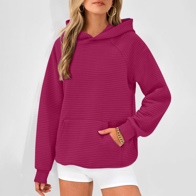 Frostluinai Chandails à Capuche en Tricot Côtelé pour Femmes Manches Longues chandails en Molleton Raglan Couleur Unie Chandail d'Automne Coupe Ample avec Poche
