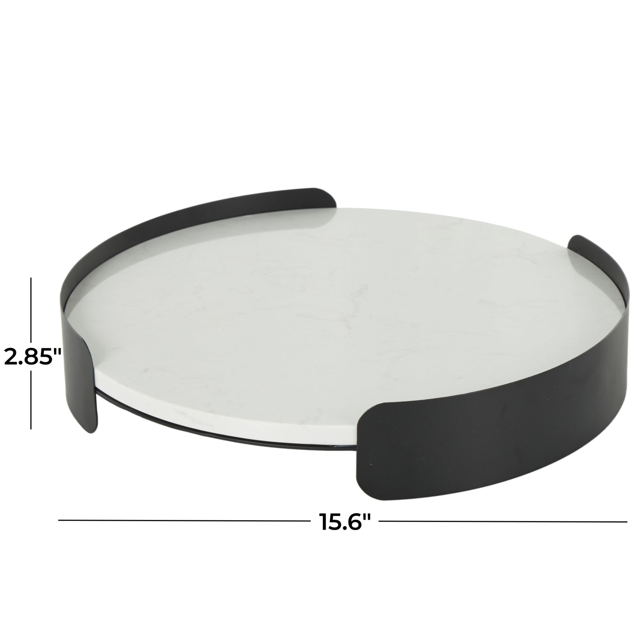 DecMode 16" x 16" White Marble Round Tray with Black Metal Frame, 1-Piece