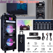 Portable Dual 10" Bluetooth Party Speaker with LED Light Karaoke DJ PA Subwoofer