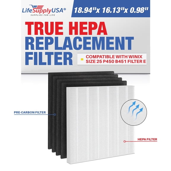 113250 Filter E HEPA Replacement Filter for Winix Air Purifier HEPA   2 Carbon Filters Air Purifier Replacement for Winix Size 25 P450 Air Purifiers by LifeSupplyUSA
