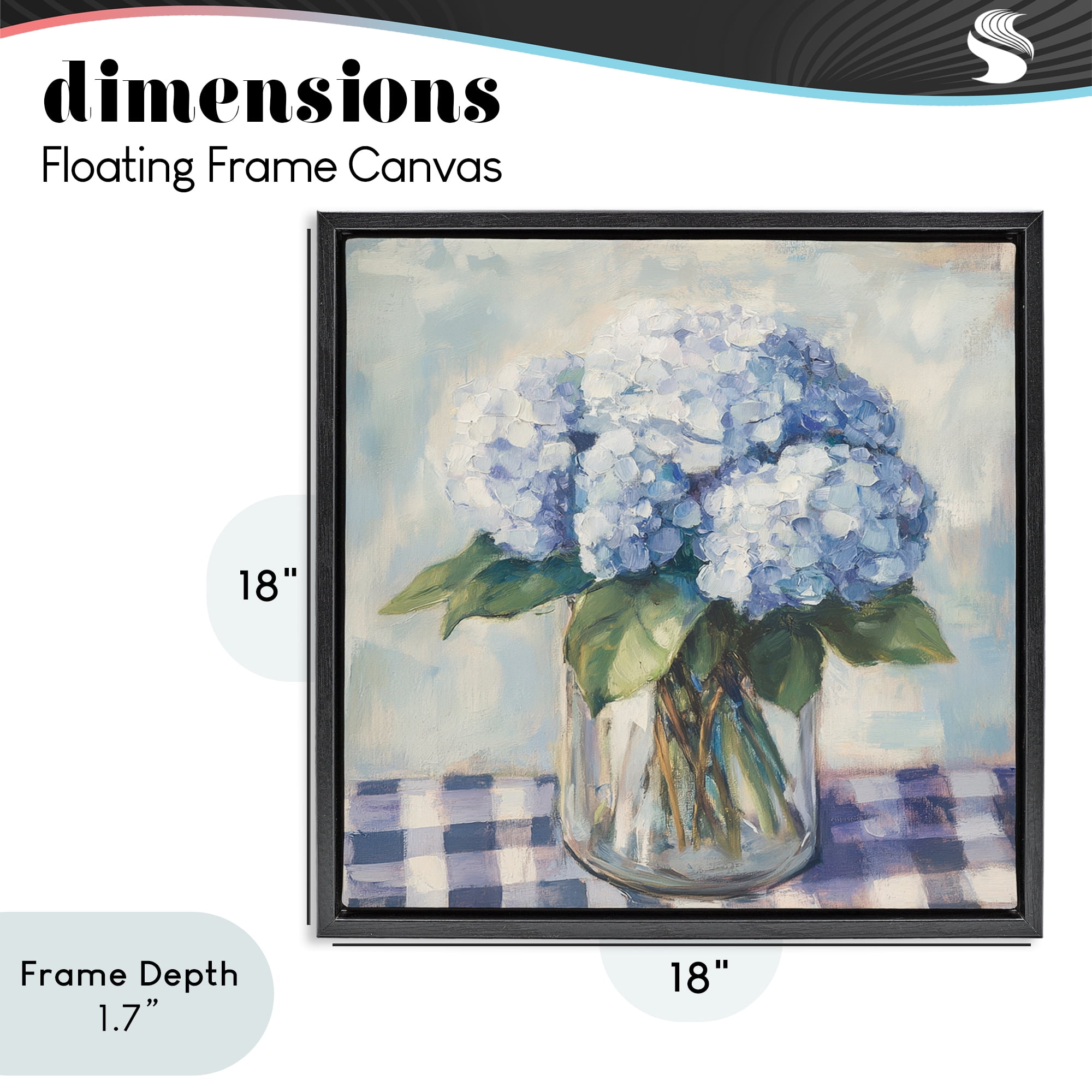 Stupell Industries Hydrangeas on Gingham Tablecloth Black Framed Floater Canvas Wall Art, design by Petal Prints Design