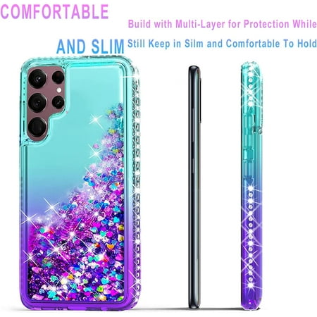 Starshop Case for Samsung Galaxy S22 Ultra, Liquid Glitter Quicksand Bling Diamond -Teal/Purple
