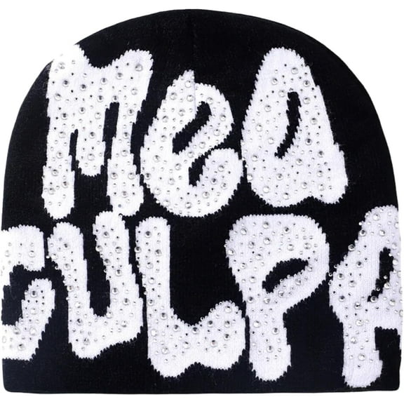 Men Women Letter Graphic Y2K Beanie Knitted Hats Bling Rhinestone Winter Warm Skull Cap Pullover Hat