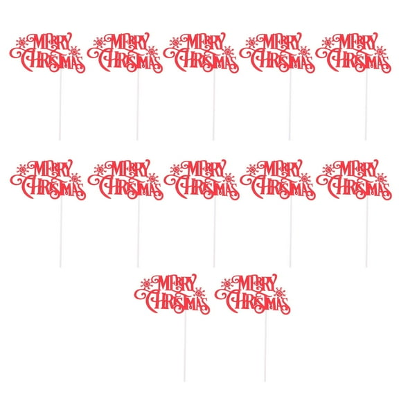 OUNONA Red Cake Picks Merry Christmas Design for Party Dessert Toppers 12Pcs