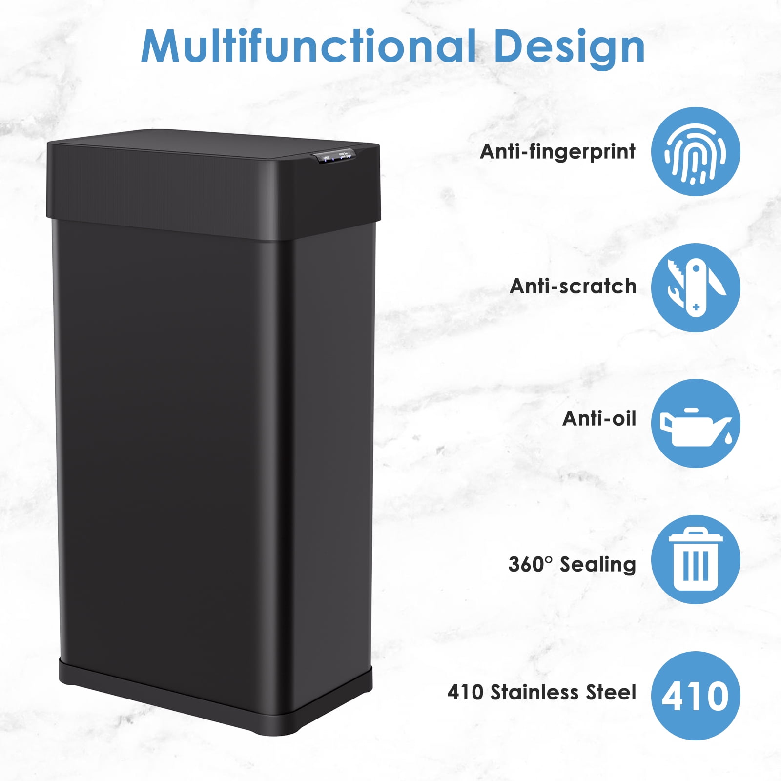 Arlopu 18.5 gal Motion Sensor Trash Can Wings Open Lid Rectangular Automatic Garbage Can Stainless Steel