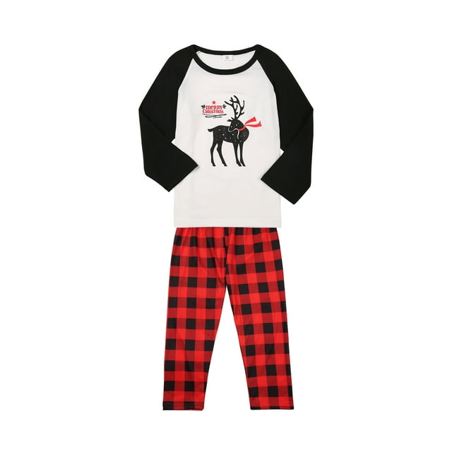 TheFound Christmas Reindeer Raglan Tops and Plaid Trousers Parent-child Pajamas
