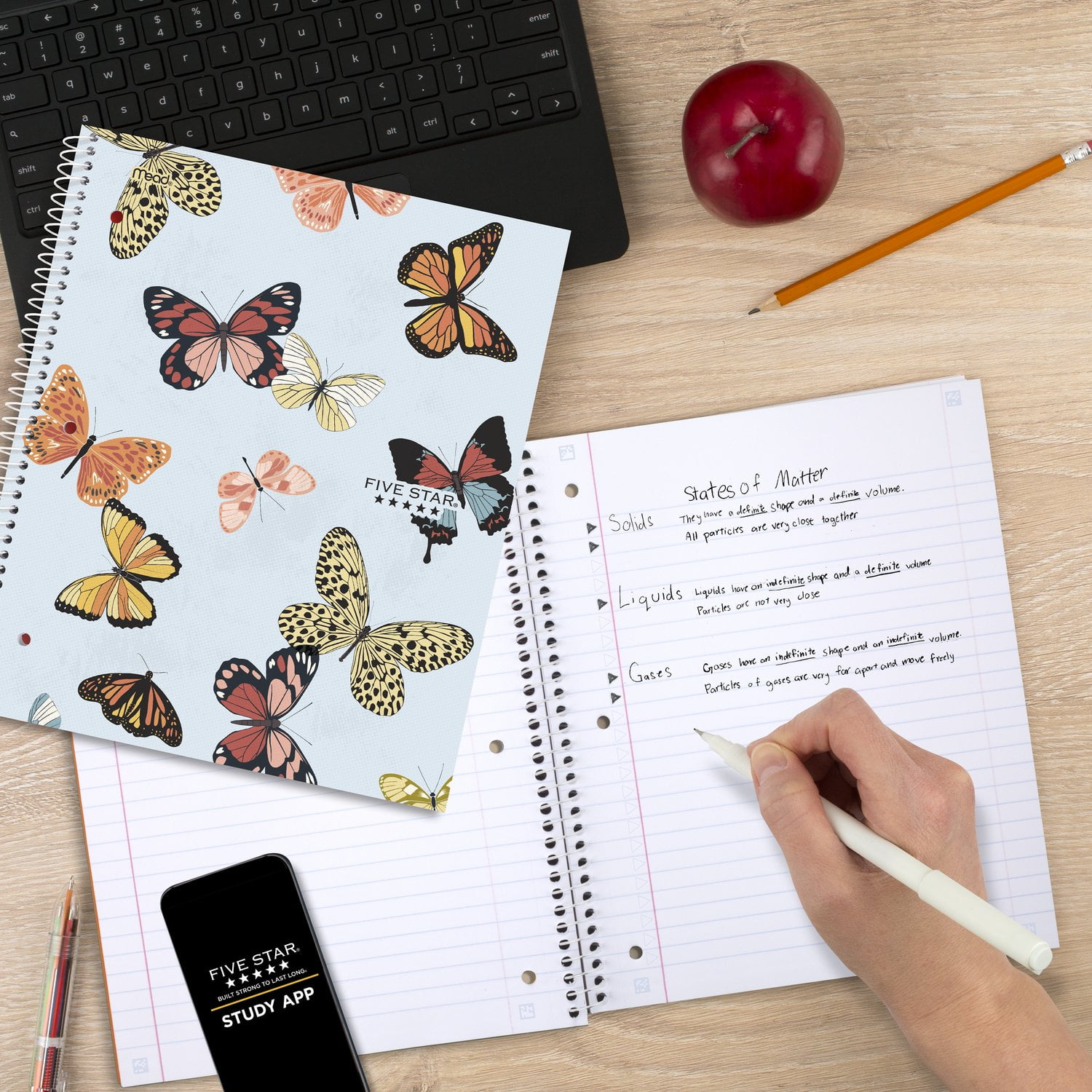 Five Star Butterlies Notebook Plus Study App, 1 Subject, Wide Ruled, 8" x 10.5"