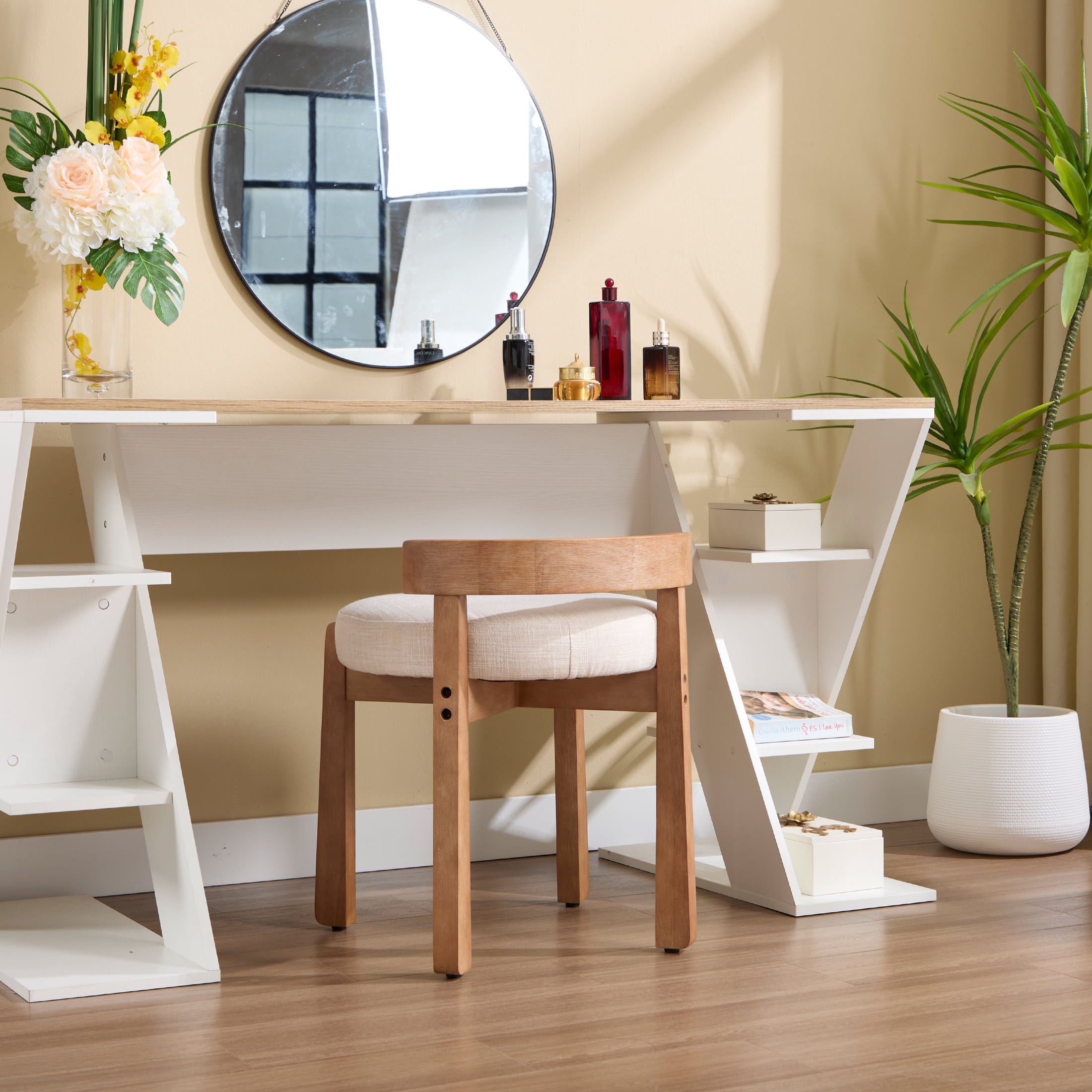 Guyou Wooden Vanity Chair Set of 2, Modern Linen Upholstered Small Ottoman Footstool, Lovely Round Makeup Stool for Bedroom Living Room Makeup Room, Beige
