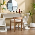 thumbnail image 6 of Guyou Wooden Vanity Chair, Modern Linen Upholstered Small Ottoman Footstool, Lovely Round Makeup Stool for Bedroom Living Room Makeup Room, Beige, 6 of 7