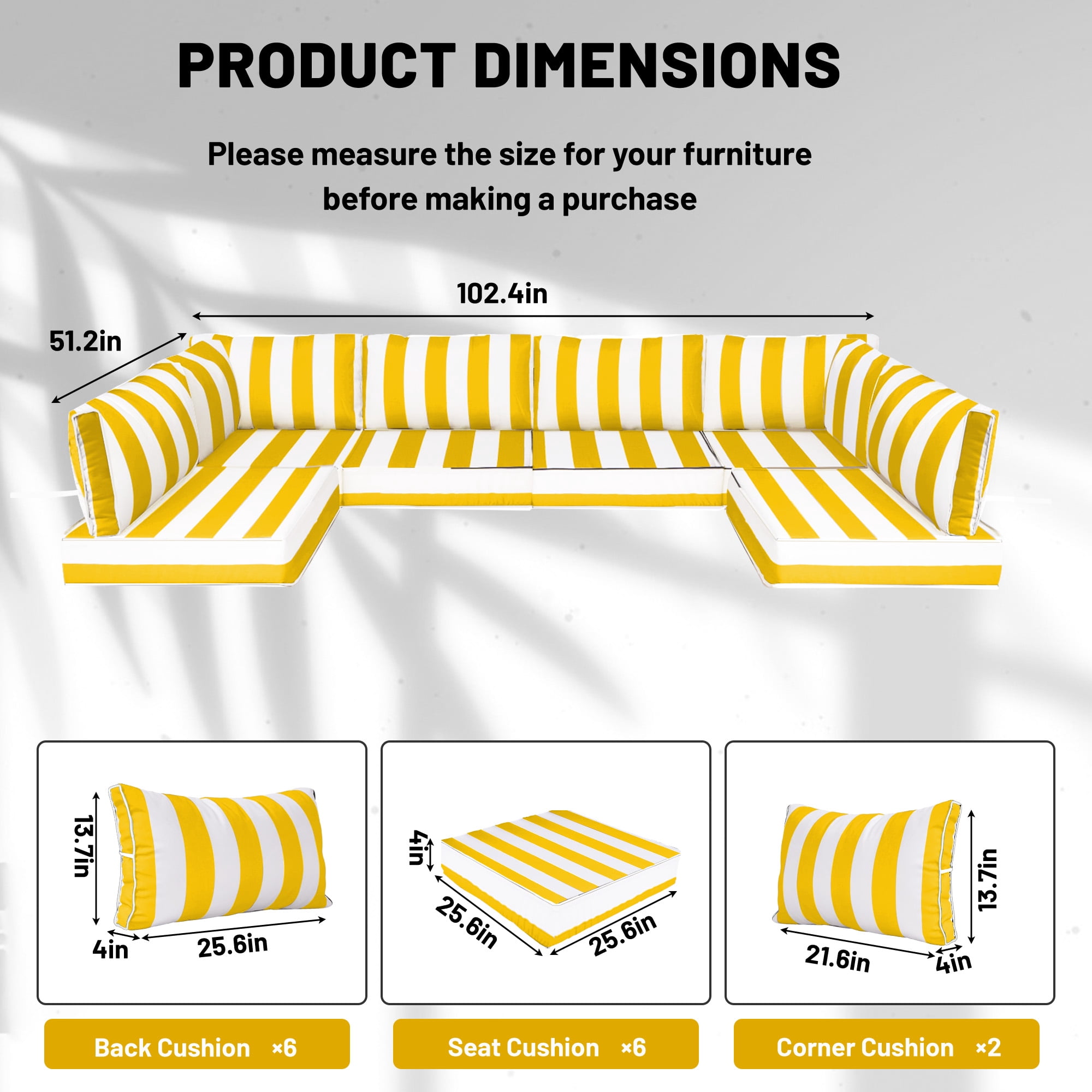 14 Piece Outdoor Replacement Cushions for Patio Furniture, Water-Repellent Outdoor Sectional Cushions for 6 Seat Sectional Patio Conversation Sets, Patio Sofa Cushions for Outdoor Couch