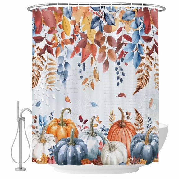 Blue Pumpkins Fall Shower Curtain, Waterproof Shower Curtains for Bathroom, Autumn Eucalyptus Thanksgiving Vintage Washable Fabric Bathtub Curtain Set Bath Decor with 12 Hooks Stall 36"x72"