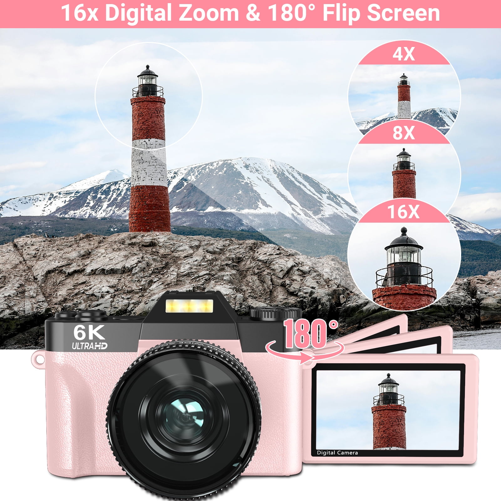 Saneen Digital Camera 6K 64MP Wifi Vlogging Cameras for YouTube 3''180° Flip Screen 16X Zoom 32GB SD Card 52mm Lens Pink