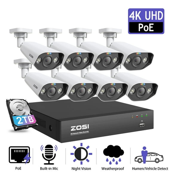 ZOSI 4K PoE Security Camera System, 8pcs 8MP Outdoor PoE IP Cameras, 4K 8CH NVR With 2TB Hard drive for 24/7 Recording, Two Way Audio,Color Night Vision