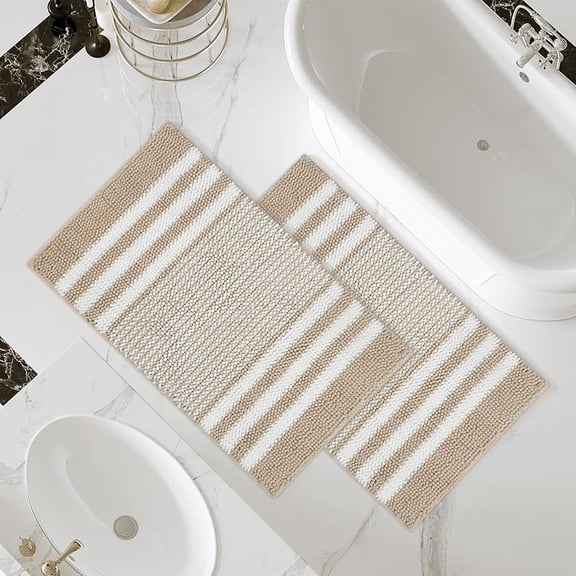 Bathroom Rugs Set 2 Piece, Extra Soft and Absorbent Fluffy Striped Chenille Bath Mat Rug Set, Non Slip Bathroom Floor Mat, Machine Washable (20" x 32" Plus 16" x 24", Khaki)