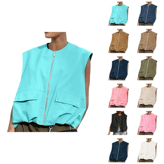 Oversized Zip Up Cargo Vest for Women 2025 Sleeveless Ruched Hem Casual Blazer Jackets Vest Top with Pockets