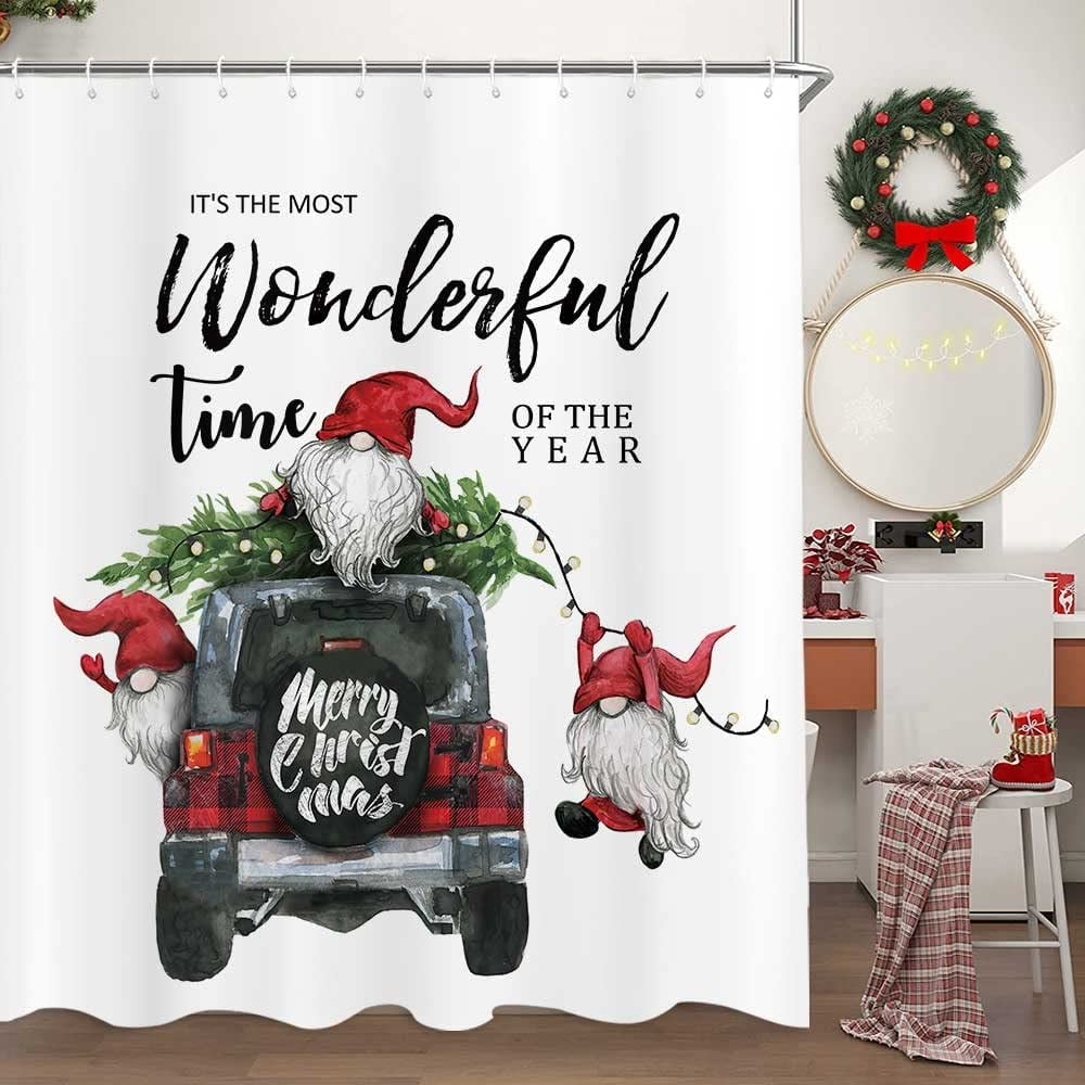 Newhomestyle Christmas Trees Truck Gnome Shower Curtain, Cute Elf Tree
