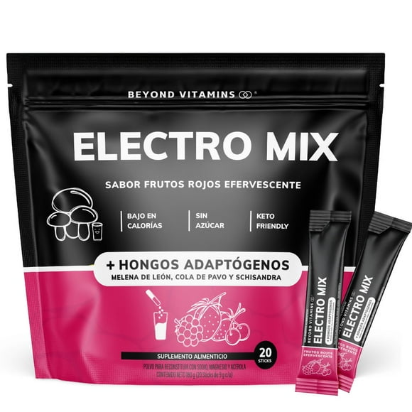 Electrolitos Con Hongos Adaptogenos en Polvo - Nootropico - Energetizante - Hidratación Baja En Calorías, Apto Dieta Keto | Rehidratación - 20 Sticks Individuales - Hidratante Frutos Rojos Efervecente
