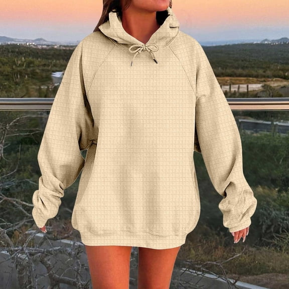 JUSLIO Waffle Womens Shirts Cotton Hoodies Sweatshirts with Pockets Long sleeve Sweatshirts Beige 2XL