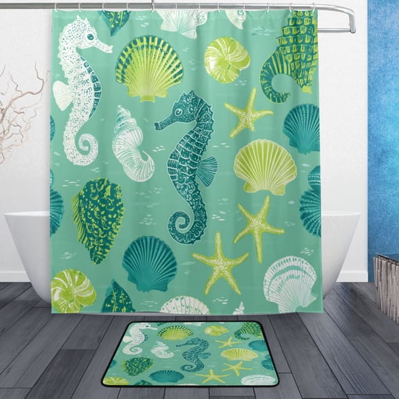 TTYFWHD 60" x 72" Shower Curtain and Bath Mat Set Coastal Seahorse Starfish Pattern Waterproof Bathroom Curtain with 12 Hooks, Bathroom Decor Set