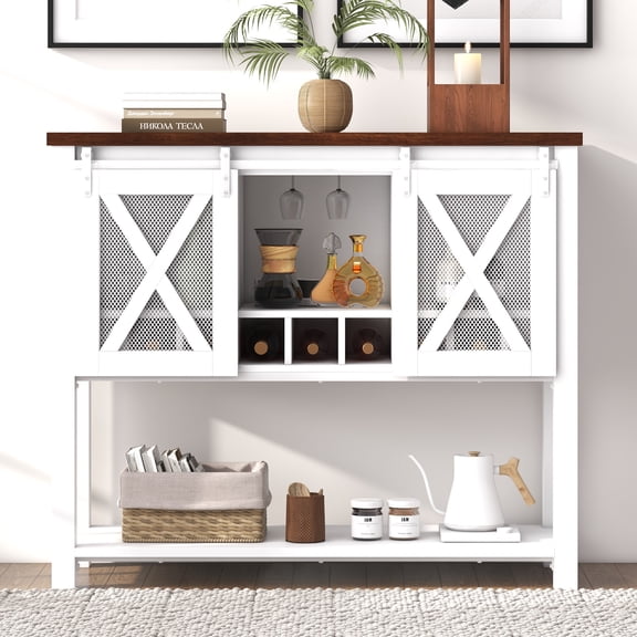 46.5"W 39.3"H Farmhouse Coffee Bar Cabinet with Wine Glass Rack and Storage, Console Entryway Table with Storage, Wood Wine Bar Table and Sideboards with Barn Mesh Door for Dining Room